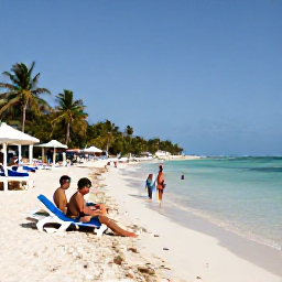 Caribbean Holidays, Cuba Beach Holidays, Travellers swimming and relaxing on a calm Caribbean beach in Varadero, Cuba, with sun loungers and palm-shaded areas