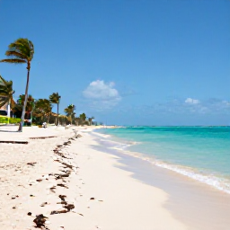 Caribbean Holidays, Cuba Beach Holidays, Wide sandy beach at Varadero, Cuba, with clear turquoise water, palm trees and bright June sunshine