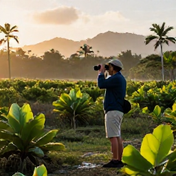 Caribbean Holidays, Cuba Birdwatching, A Cuban birdwatcher standing quietly in a lush wetland at sunrise, binoculars ready, with tropical vegetation and distant mountains