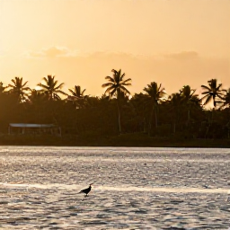 Caribbean Holidays, Cuba Birdwatching, A peaceful Cuban coastal lagoon with wading birds, palm trees and a warm golden evening sky