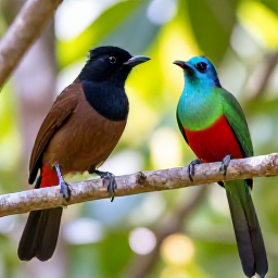 Caribbean Holidays, Cuba Birdwatching April, Close-up view of a Cuban tody and Cuban trogon in a sunlit tropical forest