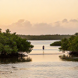Caribbean Holidays, Cuba Birdwatching April, Quiet Cuban wetland at dawn with mangroves, shallow water and distant birdwatchers