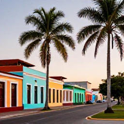 Caribbean Holidays, Cuba Birdwatching April, Relaxed Cuban coastal town with colourful buildings, palm trees and a warm evening sky after a day of birdwatching