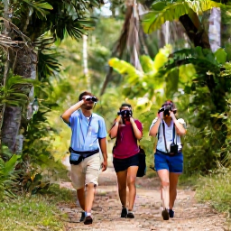 Caribbean Holidays, Cuba Birdwatching, Birdwatchers walking quietly along a forest trail in Cuba, carrying binoculars beneath tropical trees