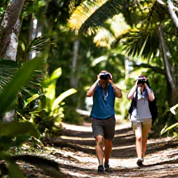 Caribbean Holidays, Cuba Birdwatching, Birdwatchers walking through a quiet Cuban forest trail with binoculars, dappled sunlight and tropical trees
