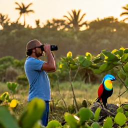 Caribbean Holidays, Cuba Birdwatching, Colourful Cuban birds in a lush wetland at sunrise, with a birdwatcher using binoculars among tropical vegetation