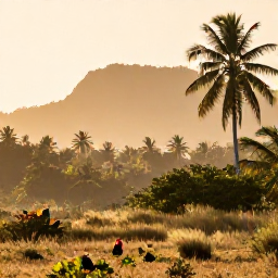 Caribbean Holidays, Cuba Birdwatching, Colourful Cuban birds in a sunlit wetland at dawn, with palm trees and distant limestone hills