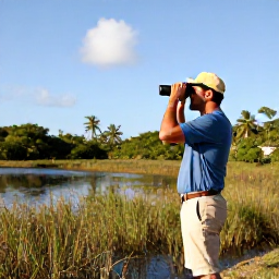 Caribbean Holidays, Cuba Birdwatching December, Birdwatcher using binoculars beside a Cuban lagoon, surrounded by reeds, mangroves and tropical vegetation