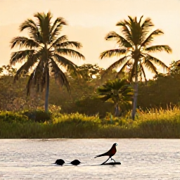 Caribbean Holidays, Cuba Birdwatching December, Colourful Cuban birds in a sunlit wetland at dawn, with palm trees and calm water