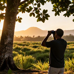 Caribbean Holidays, Cuba Birdwatching December, Peaceful Cuban nature reserve at sunrise with binoculars, tropical woodland, wetlands and distant mountains