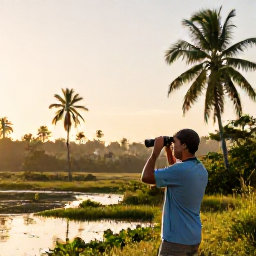 Caribbean Holidays, Cuba Birdwatching February, Birdwatcher using binoculars beside a wetland in Cuba at sunrise, with palm trees and tropical vegetation
