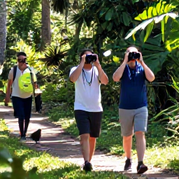 Caribbean Holidays, Cuba Birdwatching February, Birdwatchers walking through lush Cuban woodland with binoculars, dappled sunlight and native birds