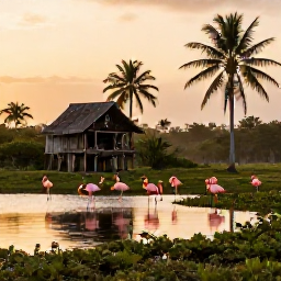 Caribbean Holidays, Cuba Birdwatching February, Peaceful Cuban wetland at sunrise with flamingos, palms and a birdwatching hide