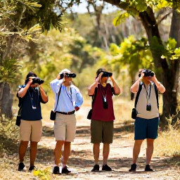 Caribbean Holidays, Cuba Birdwatching February, Small group of birdwatchers on a forest path in Cuba, carrying binoculars and spotting scopes in warm February sunshine