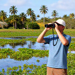 Caribbean Holidays, Cuba Birdwatching, Friendly birdwatching guide and traveller beside a Cuban wetland, binoculars ready, with tropical countryside behind them