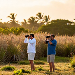 Caribbean Holidays, Cuba Birdwatching Holidays, Birdwatchers with binoculars walking through Cuban wetlands at sunrise, surrounded by reeds and tropical vegetation