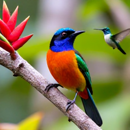 Caribbean Holidays, Cuba Birdwatching Holidays, Close-up view of a colourful Cuban tody and a tiny bee hummingbird among tropical flowers in Cuba