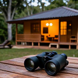 Caribbean Holidays, Cuba Birdwatching Holidays, Comfortable eco-lodge beside a Cuban forest, with binoculars resting on a wooden table and warm evening light