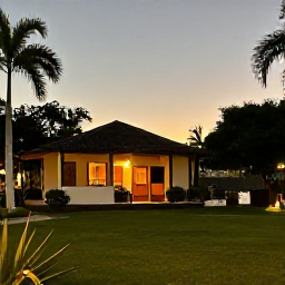 Caribbean Holidays, Cuba Birdwatching January, A charming Cuban rural lodge surrounded by tropical gardens, with a warm January evening sky