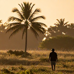 Caribbean Holidays, Cuba Birdwatching January, A keen birdwatcher walking through a quiet Cuban wetland at sunrise in January, with palms and soft golden light