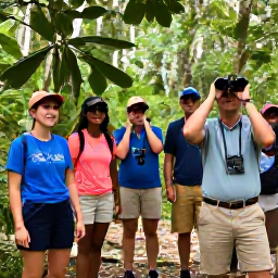 Caribbean Holidays, Cuba Birdwatching January, A small group on a guided birdwatching walk through Cuban forest, with binoculars and a local expert