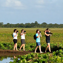 Caribbean Holidays, Cuba Birdwatching July, Birdwatchers with binoculars walking beside a wetland in Cuba during a bright July morning