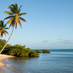 Caribbean Holidays, Cuba Birdwatching July, Peaceful Cuban coastal landscape with palms, mangroves and calm blue sea in July sunshine