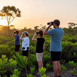 Caribbean Holidays, Cuba Birdwatching June, Birdwatchers walking quietly through Zapata Swamp at sunrise with binoculars and a local guide