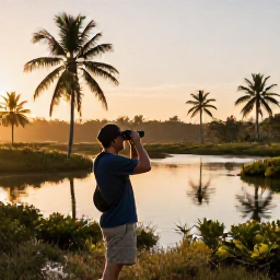 Caribbean Holidays, Cuba Birdwatching March, Birdwatcher with binoculars in a Cuban wetland at sunrise, surrounded by palms and calm water