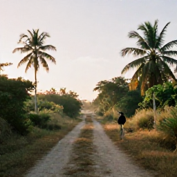 Caribbean Holidays, Cuba Birdwatching March, Quiet Cuban rural landscape at dawn with a birdwatcher beside a track, tropical vegetation and soft golden light