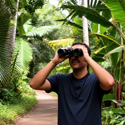 Caribbean Holidays, Cuba Birdwatching May, Birdwatching guide leading visitors along a forest trail in Cuba with binoculars and tropical vegetation