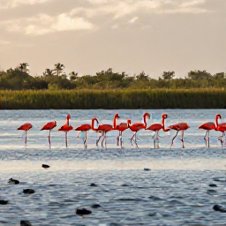 Caribbean Holidays, Cuba Birdwatching May, Flamingos and wading birds beside a calm Cuban lagoon under soft morning sunlight