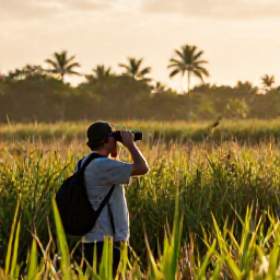 Caribbean Holidays, Cuba Birdwatching November, Cuban wetlands at sunrise with a birdwatcher using binoculars among reeds, warm November light and distant palms