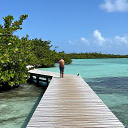 Caribbean Holidays, Cuba Birdwatching November, Quiet Cuban coastal reserve with mangroves, turquoise water and a traveller watching seabirds from a wooden boardwalk