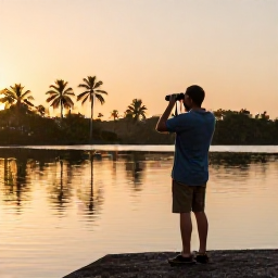 Caribbean Holidays, Cuba Birdwatching October, Birdwatcher in a Cuban wetland at sunrise, binoculars raised, with palms and calm water