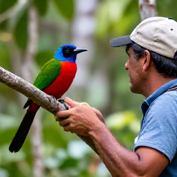 Caribbean Holidays, Cuba Birdwatching October, Colourful Cuban endemic birds among tropical woodland foliage, with a knowledgeable local guide nearby