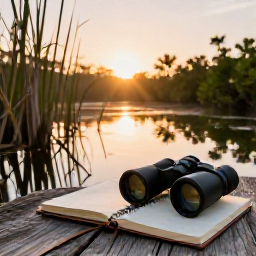 Caribbean Holidays, Cuba Birdwatching, Quiet Cuban wetland at sunrise with binoculars resting beside a field notebook, surrounded by reeds and mangroves