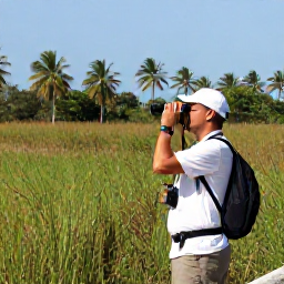 Caribbean Holidays, Cuba Birdwatching September, Birdwatcher with binoculars beside reeds in the Zapata Swamp, Cuba, surrounded by tropical wetlands and distant palms