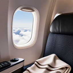Caribbean Holidays, Cuba Business Class, Business class passenger relaxing during a flight to Cuba, lie-flat seat, travel blanket, meal and view of Caribbean clouds through the window