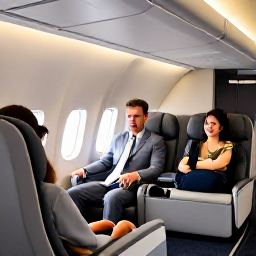 Caribbean Holidays, Cuba Business Class, Business class passengers relaxing in a comfortable aircraft cabin on a flight to Cuba