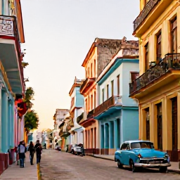 Caribbean Holidays, Cuba Business Class, Colourful Havana street in Cuba at golden hour, classic American cars, colonial buildings and travellers exploring on foot
