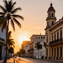 Caribbean Holidays, Cuba Business Class, Cuban sunset over Havana with warm light, palm trees and historic buildings