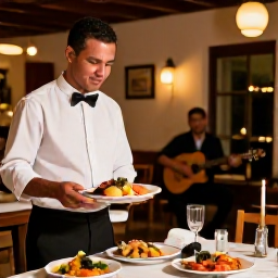 Caribbean Holidays, Cuba Business Class, Friendly Cuban waiter serving dinner at an atmospheric restaurant with live music, warm lighting and local dishes