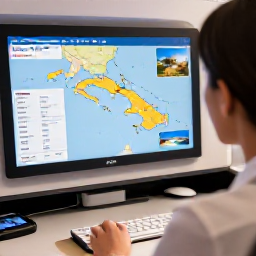 Caribbean Holidays, Cuba Business Class, Friendly travel adviser discussing a Cuba holiday with travellers, map of Cuba, flight details and beach resort images on a desk
