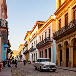 Caribbean Holidays, Cuba Business Class, Havana's historic Old Town at golden afternoon light, colourful buildings, cobbled street, classic car and lively Cuban atmosphere