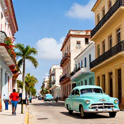 Caribbean Holidays, Cuba Business Class, Sunny Havana street in February with colourful classic American cars, colonial buildings, palm trees and people enjoying the warm weather
