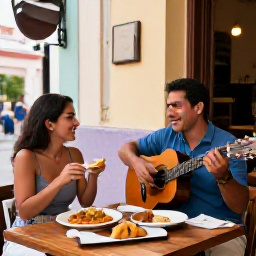 Caribbean Holidays, Cuba Couples Holidays, A couple enjoying Cuban cuisine and live music at an atmospheric outdoor restaurant in Havana