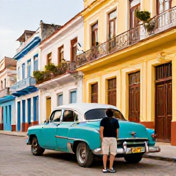 Caribbean Holidays, Cuba Couples Holidays, A couple exploring colourful colonial streets and classic American cars in Havana, Cuba, during warm afternoon light
