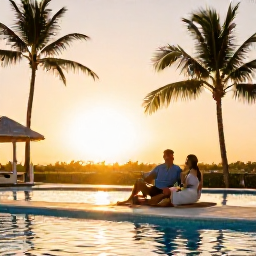 Caribbean Holidays, Cuba Couples Holidays, A couple relaxing beside a stylish pool at a Cuban resort at sunset, with palm trees and warm golden light