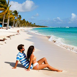 Caribbean Holidays, Cuba Couples Holidays, A couple relaxing beside turquoise Caribbean water on a sandy beach in Varadero, Cuba, with palm trees and gentle waves